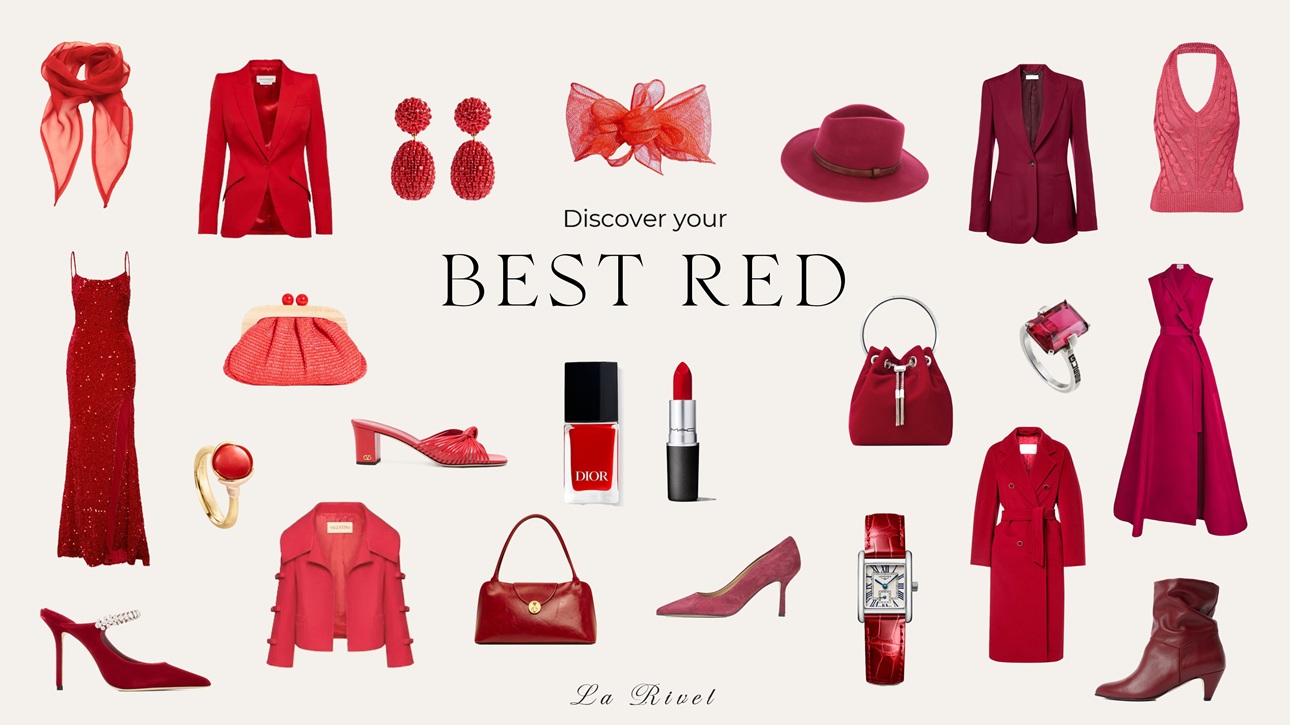 Fashion collage featuring clothing, accessories, shoes, and beauty items in a variety of red shades, from coral and cherry red to burgundy and berry tones.