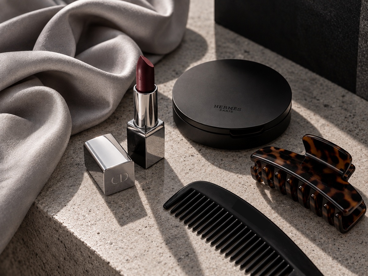Burgundy lipstick, black compact, tortoiseshell hair clip and soft gray scarf in La Rivel style