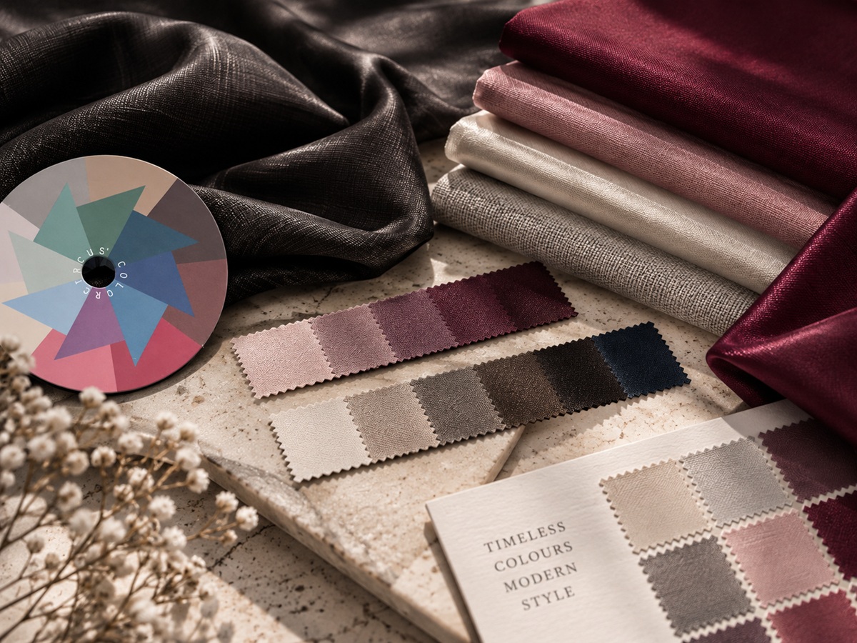 Color fabrics, swatches and color tools arranged for a La Rivel color consultation<br />
