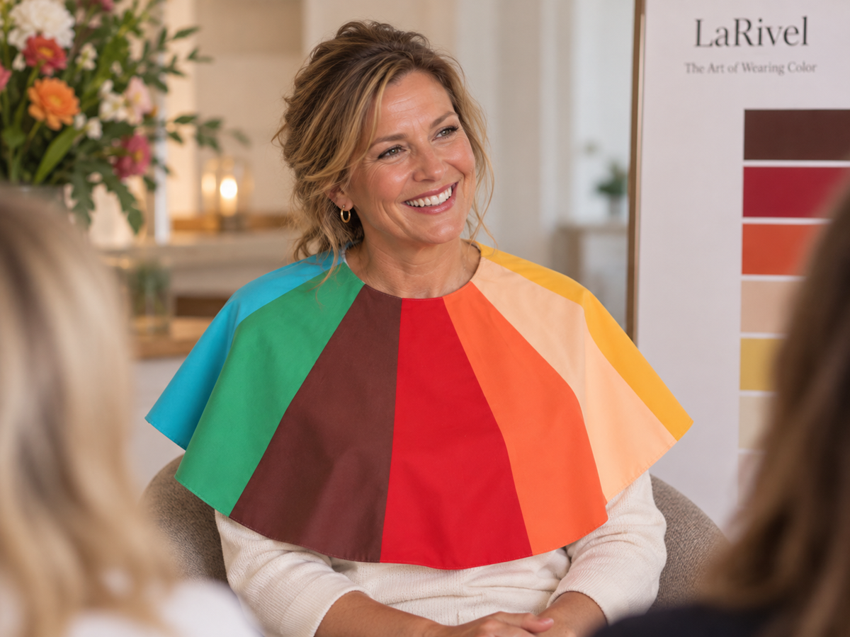 woman wearing a color analysis collar during The Art of Wearing Color workshop at La Rivel