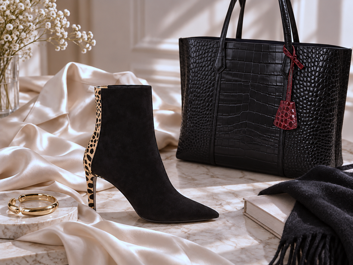 Elegant black accessories, leopard detail and champagne silk in a refined La Rivel style